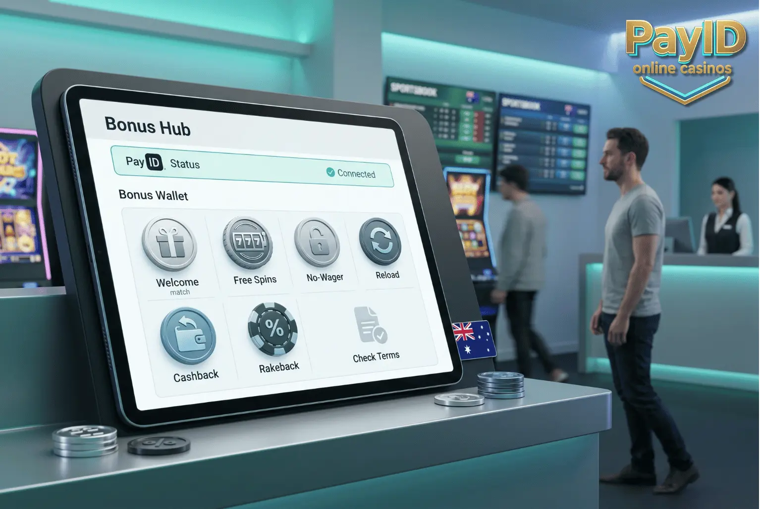 PayID casino bonus options including welcome matches, free spins, reloads, cashback, and no-wagering offers